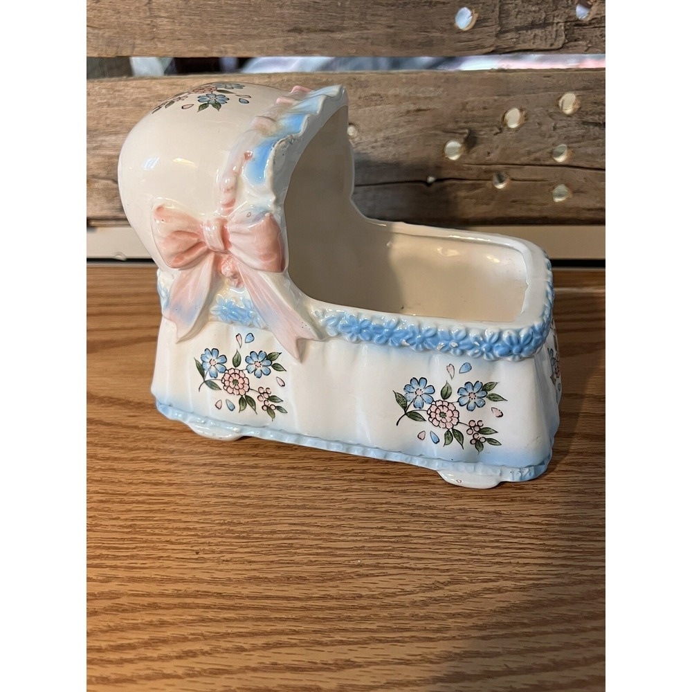 Vintage INARCO Baby Bassinet Crib Ceramic Nursery Planter  Floral Design Japan